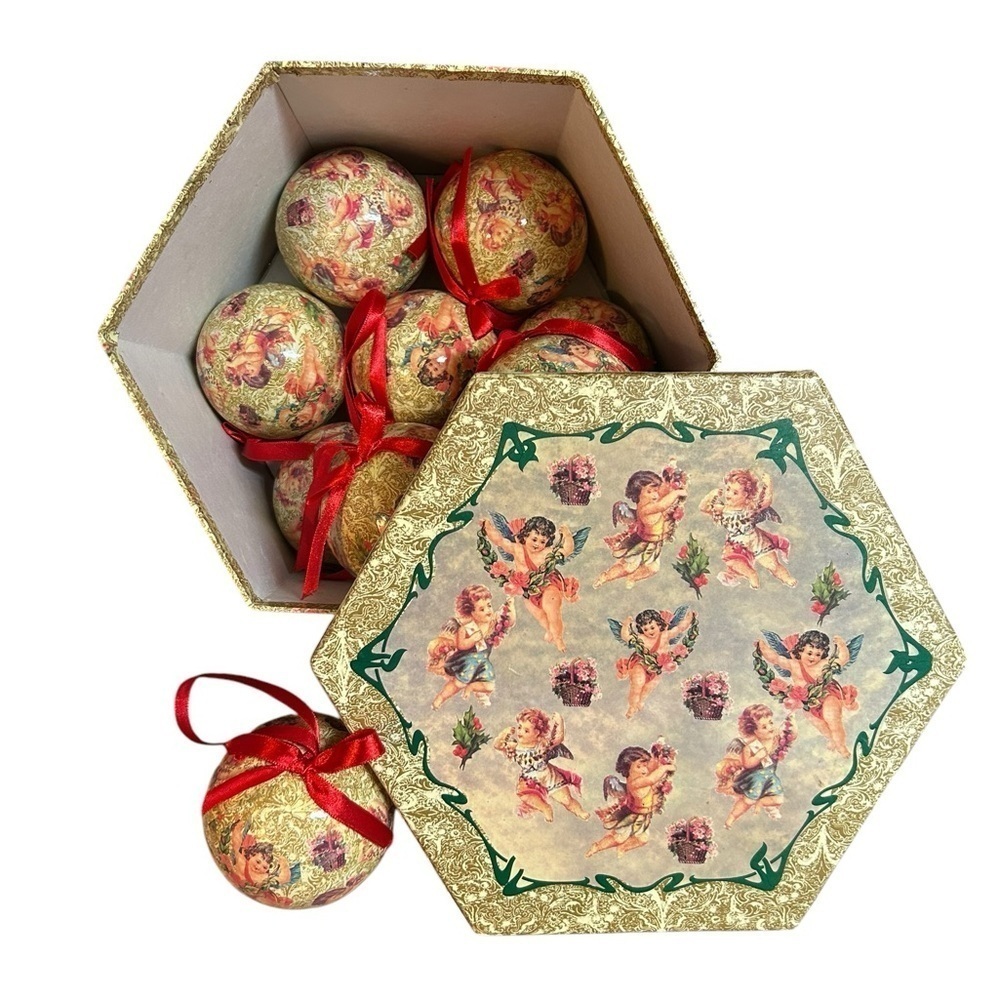 Christmas Balls Ornaments Angel Vintage Paper Mache Set Of 10 with Box